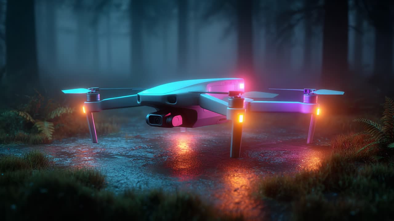 A Futuristic Drone in a Mystical Forest Setting, Illuminated by Colorful Lights Amidst Fog, Capturing the Essence of Technology in Nature