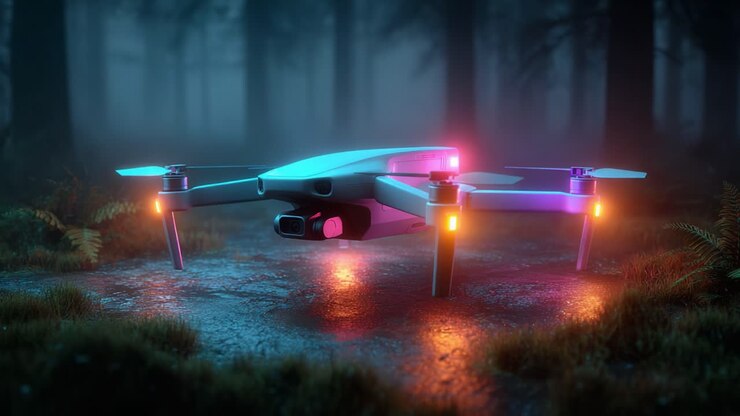 Un drone futuristico in una mistica ambientazione forestale, illuminato da luci colorate nella nebbia, che cattura l'essenza della tecnologia nella natura