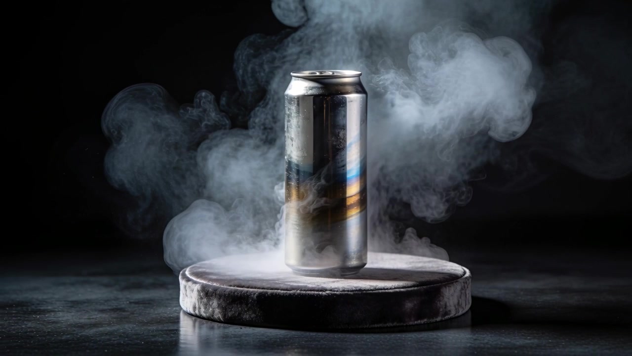Settling tall slim aluminum can on pedestal, vapor rising and curling, highlighting reflections