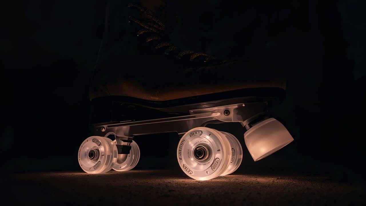 Glødende quad-skøjte med truck og LED-hjul, der hælder fremad og oplyser gulvet i en svagt oplyst garage