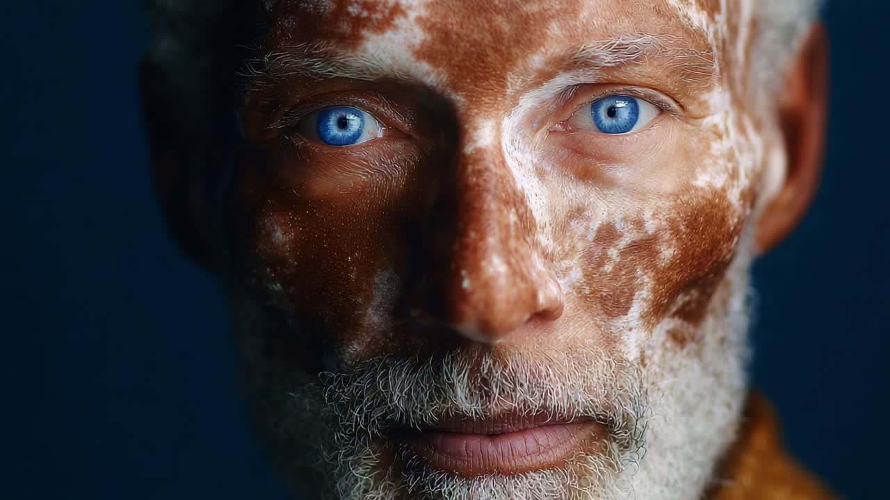 A compelling close-up portrait of an elderly man with striking blue eyes and a weathered face marked by distinct patterns, vividly showcasing the nuances of age and character in detailed textures