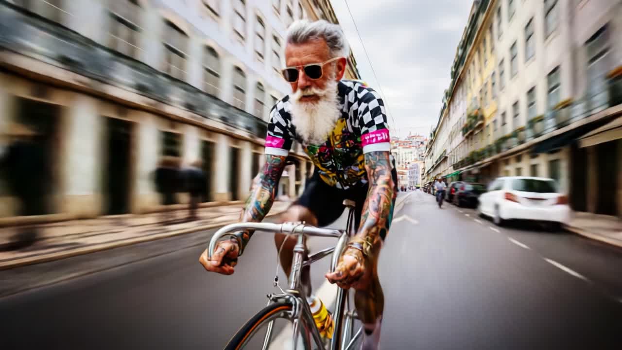 An Energetic Senior Cyclist Dashes Through City Streets with an Expressive Style, Showcasing Vibrant Tattoos and Retro Cycling Gear in a Fast-Paced Urban Environment