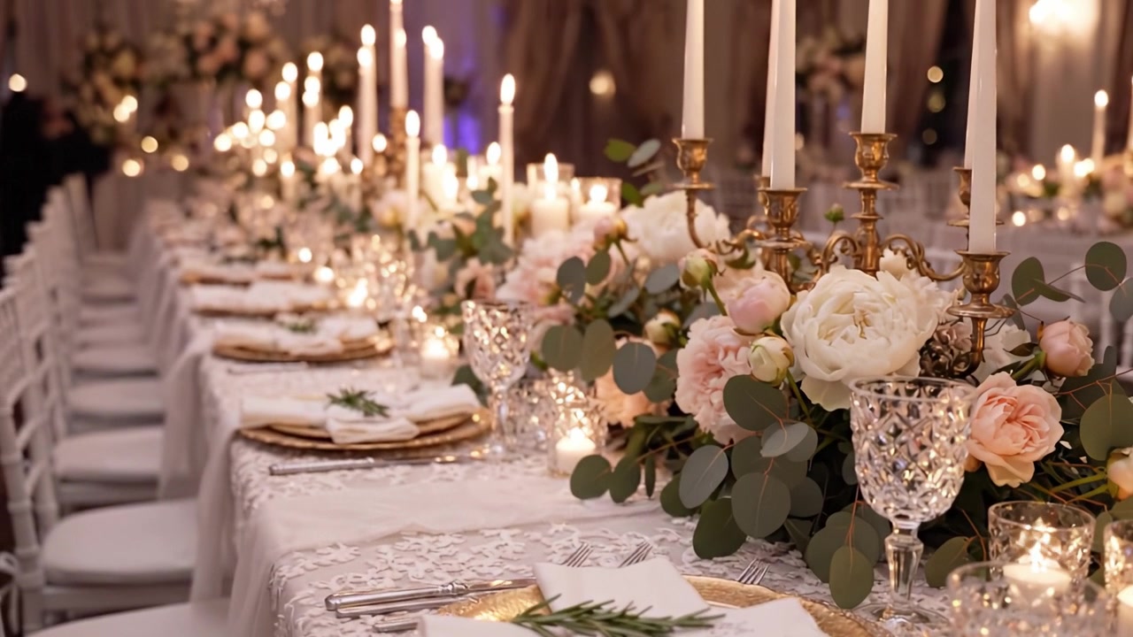Mesa Posta Elegante com Arranjos Florais e Luz de Velas para um Evento Especial, Criando uma Atmosfera Acolhedora e Convidativa Perfeita para Celebrações