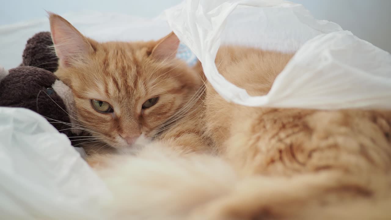 un lindo gato de jengibre tendido en una bolsa de plástico con un oso de juguete de peluche. una mascota esponjosa está durmiendo. un fondo acogedor en el hogar con un gatito escondido en juguetes de un bebé ruidoso