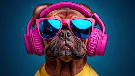 a dog wearing pink headphones and sunglasses