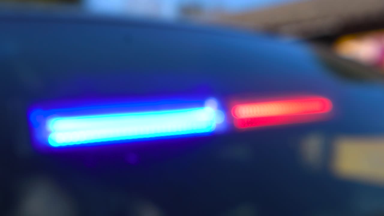 Blurred out police law and order blue and red colored lights blinking on a vehicle car front windshield at a sunyn summer day. Simultaneously blingking and flashing led lights