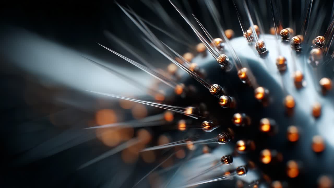 An Intriguing Close-Up Perspective of a Textured Sphere with Metallic Spikes and Reflective Beads, Capturing the Unique Interaction of Light and Surface in an Abstract Composition