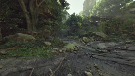 a lush jungle path with rocks and a creek