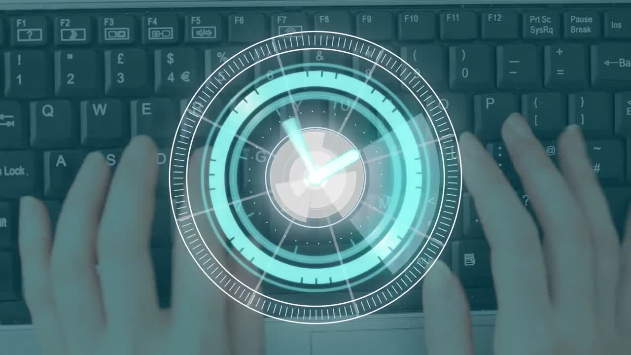 animación de escaneo de alcance con reloj sobre el teclado de la computadora