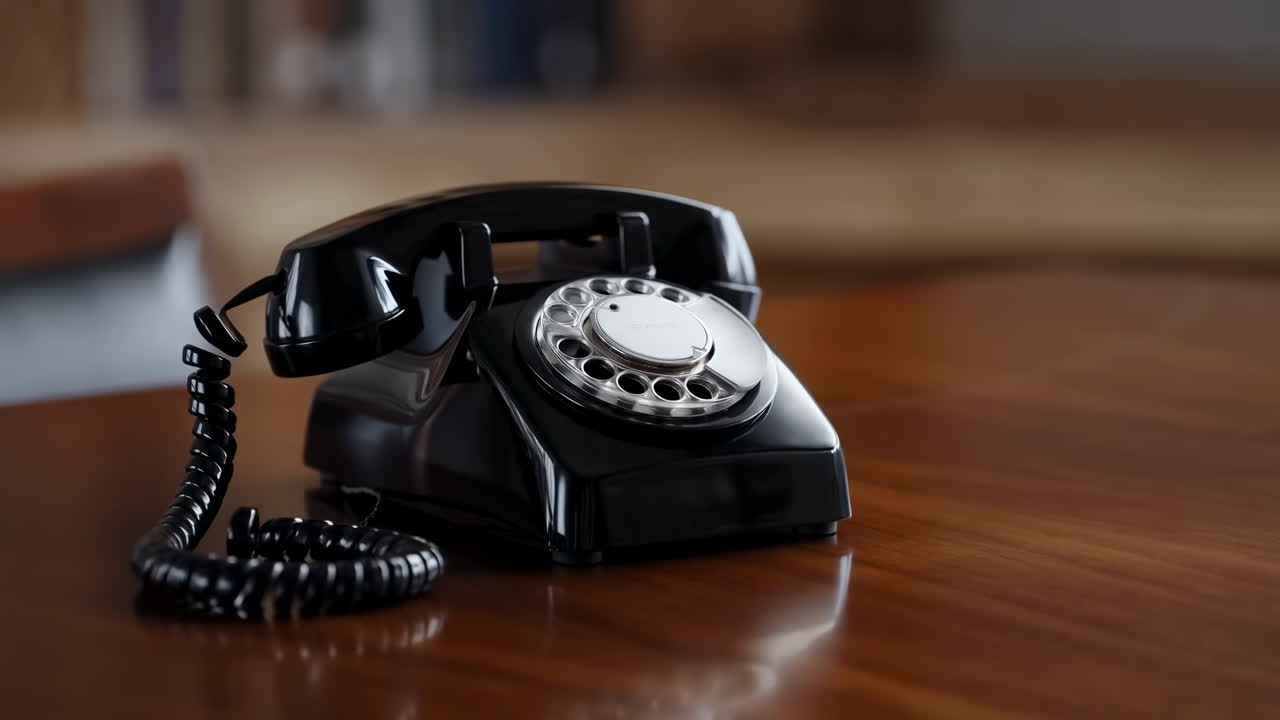 Vintage-Wählscheibentelefon auf Holztisch, klassischer schwarzer Hörer und Spiralkabel am Rand eines polierten Schreibtisches