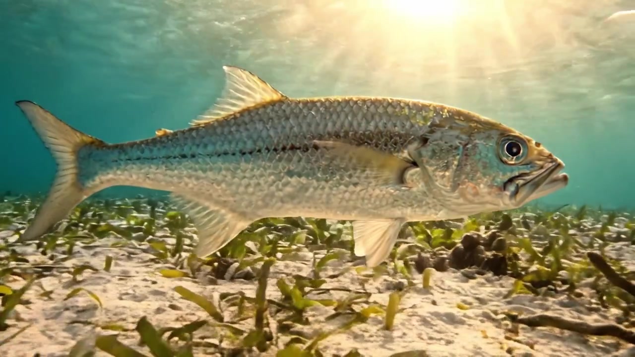 Un viaggio subacqueo che cattura i movimenti aggraziati di un pesce tra vibranti alghe marine sotto acque illuminate dal sole