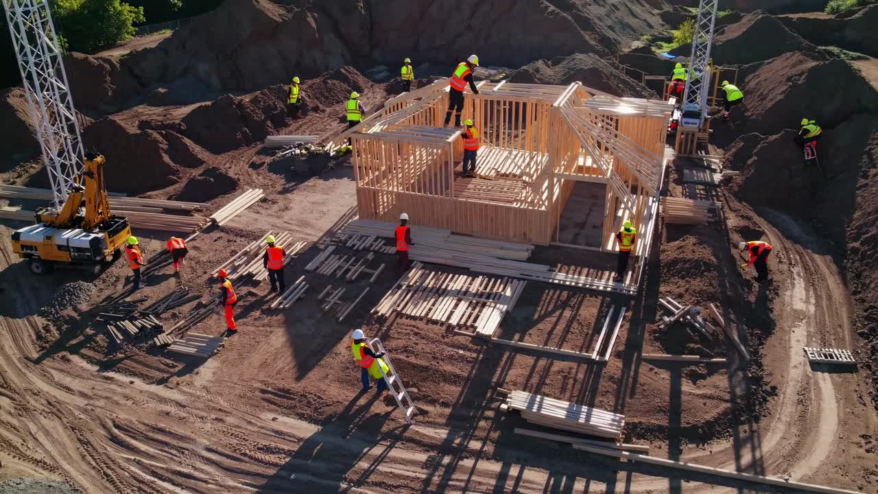 Aerial view of a construction site with workers in safety gear building a wooden structure
