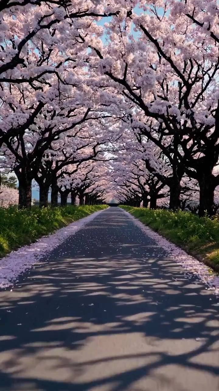 Lunga strada sotto una volta di fiori di ciliegio rosa.