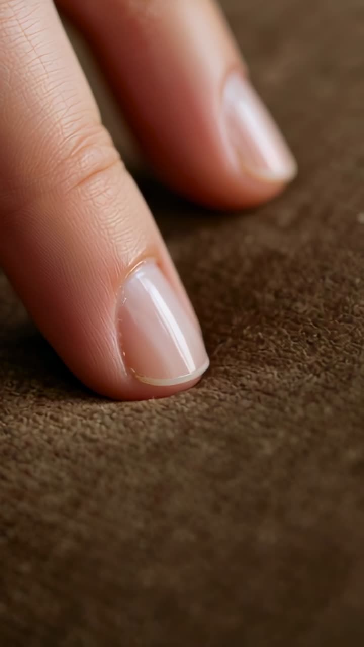 Vertical video: Touching fingertip pressing sliding on brown suede, testing texture, copy space