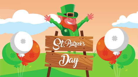 feliz día de san patricio letras en etiqueta de madera con leprechaun y globos de helio