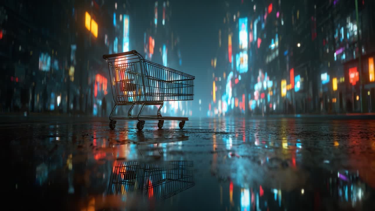 A solitary shopping cart stands in a reflective urban landscape, surrounded by vibrant neon lights and a moody atmosphere, capturing a sense of isolation in a bustling city