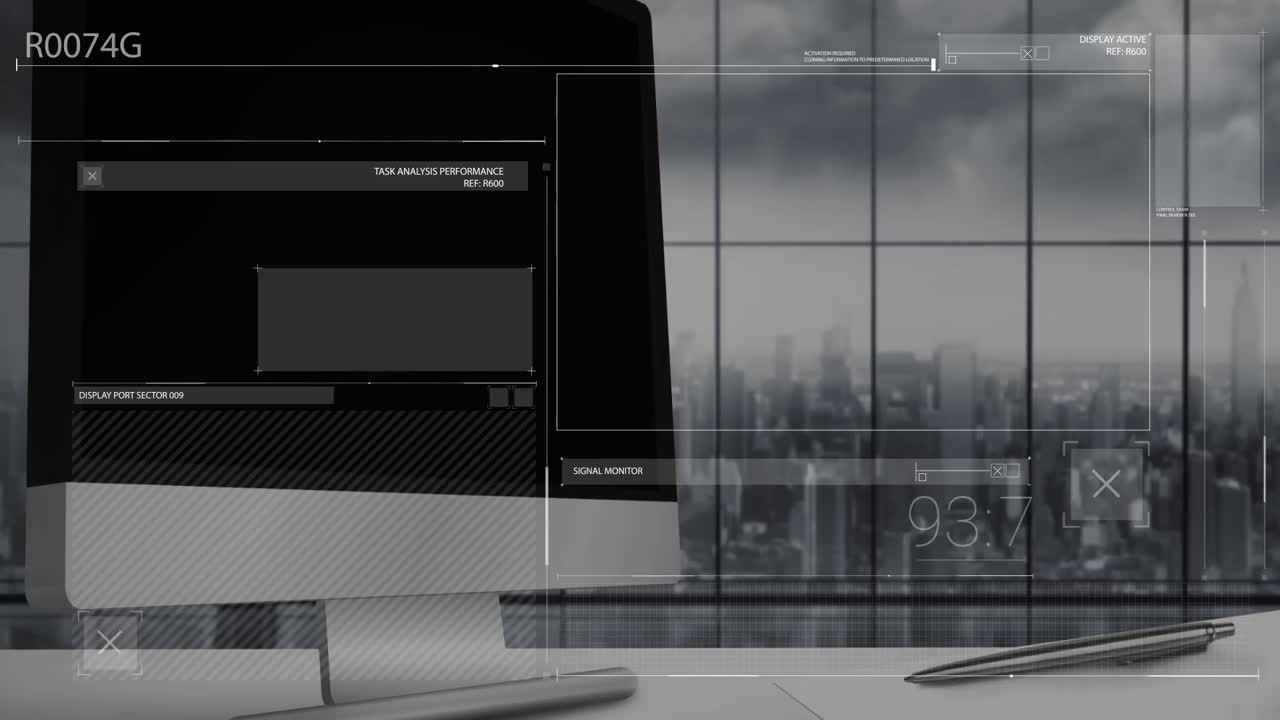 Animation of digital screen with data processing over computer screen with copy space in office