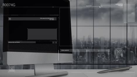 Animation-of-digital-screen-with-data-processing-over-computer-screen-with-copy-space-in-office