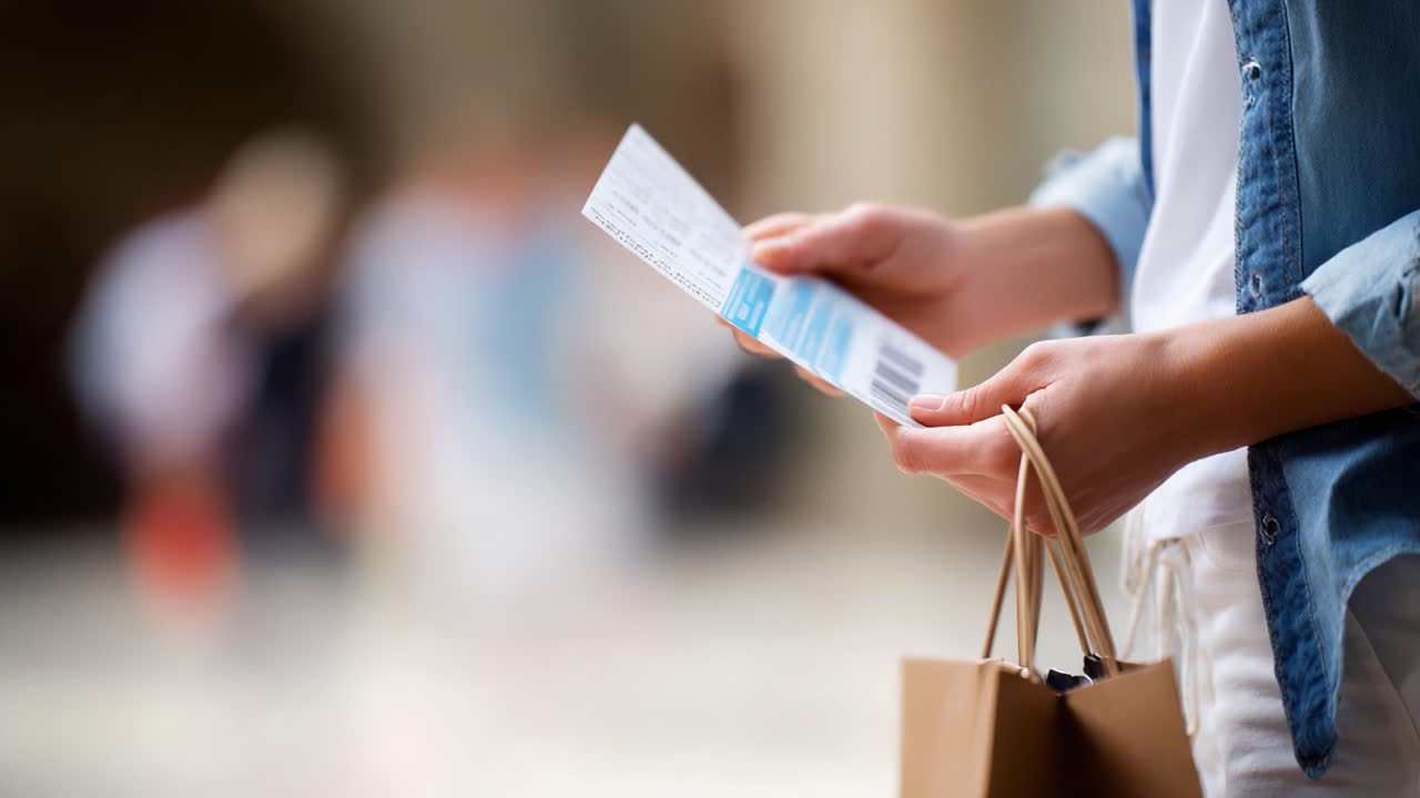 A Woman Holding a Ticket in a Busy Public Space, Surrounded by Other Shoppers, Suggesting a Day of Leisure and Exploration with Friends or Family