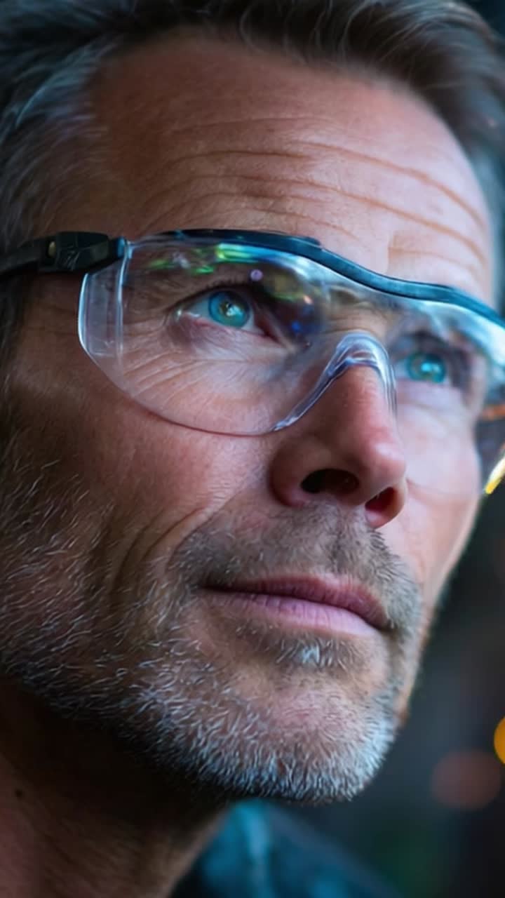 A Close-Up Portrait of a Thoughtful Man in Safety Glasses, Exhibiting Introspection and Calmness against a Blurred Colorful Background