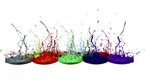 3d splashes of liquid. paint bounce in 4k on white background. simulation of splashes of ink on a musical speaker that play music. multicolor version 5