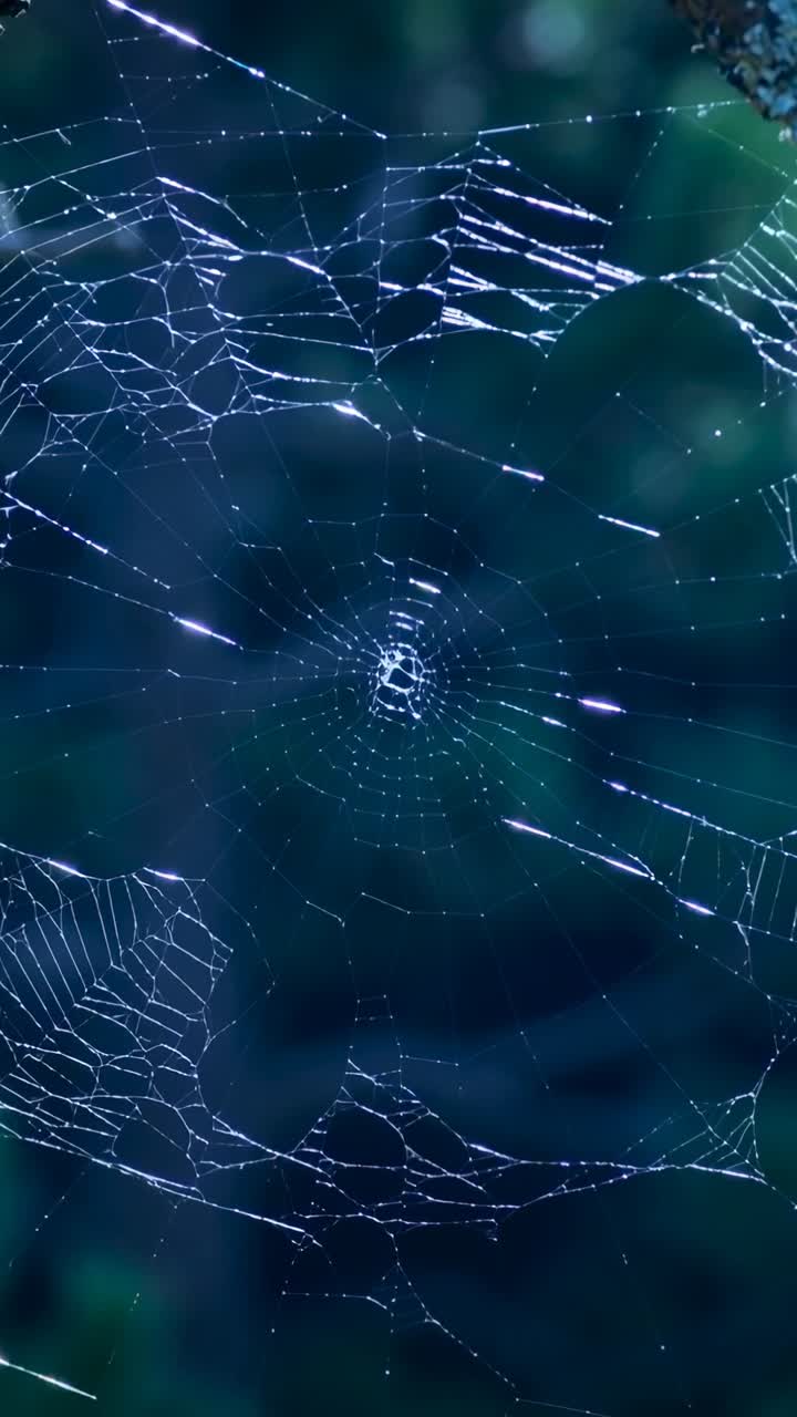 Vertical video: Glinting spider web with dew beads swaying from breeze in canopy, on moss branches