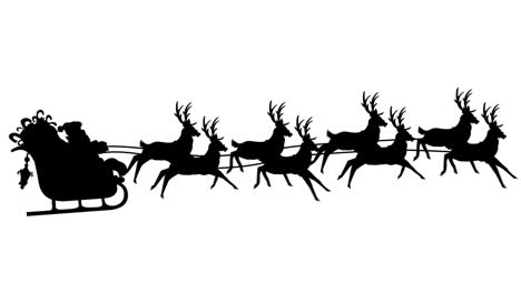 digital animation of black silhouette of santa claus in sleigh being pulled by reindeers