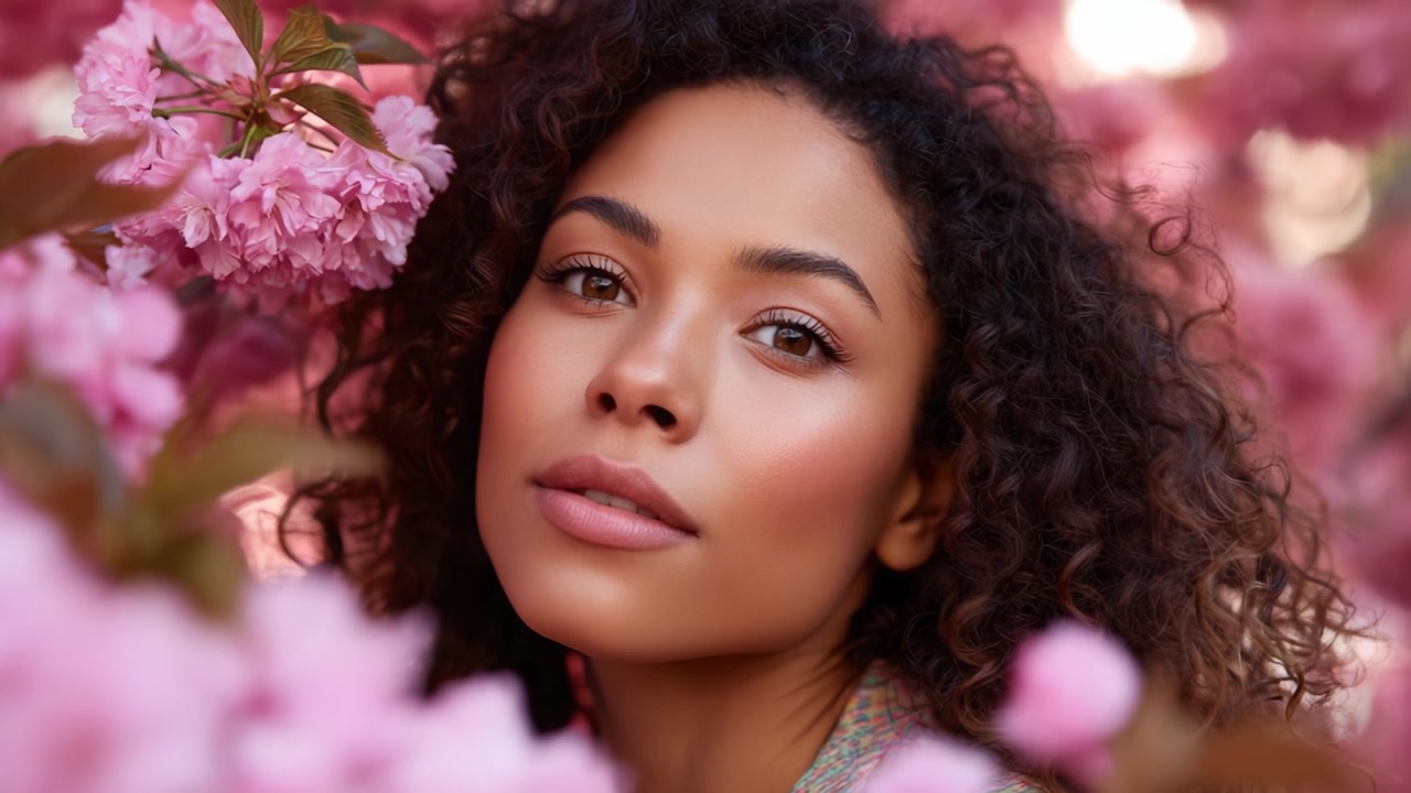 Uma mulher cativante em meio a flores cor-de-rosa desabrochando, revelando sua beleza natural e pele radiante, capturada em dois quadros exibindo a atmosfera encantadora da primavera