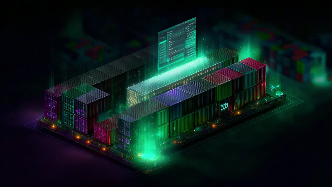 A Futuristic Data Center: An Artistic Visualization of Vibrant Storage Containers and Dynamic Data Displays Illuminating the Digital Landscape of Modern Technology Innovations
