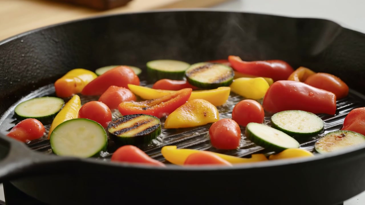 Bright zucchini rounds, tomatoes, and pepper pieces cook across hot grill ridges, showing browned sear marks and gentle steam while warm light highlights fresh colors and glossy surfaces.