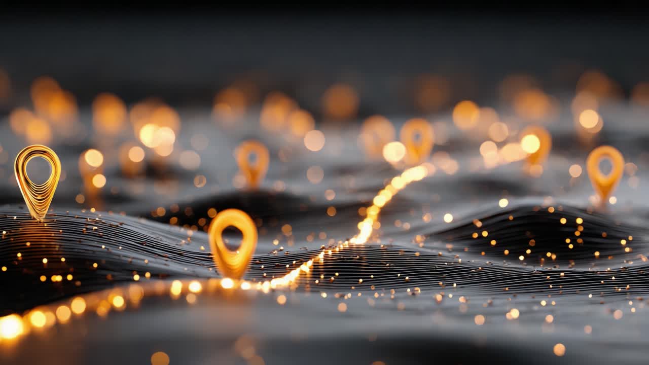 Una visualizzazione ipnotica di connessioni e percorsi, che evidenzia indicatori di posizione luminosi che navigano attraverso un paesaggio dinamico di linee vorticose e onde delicate