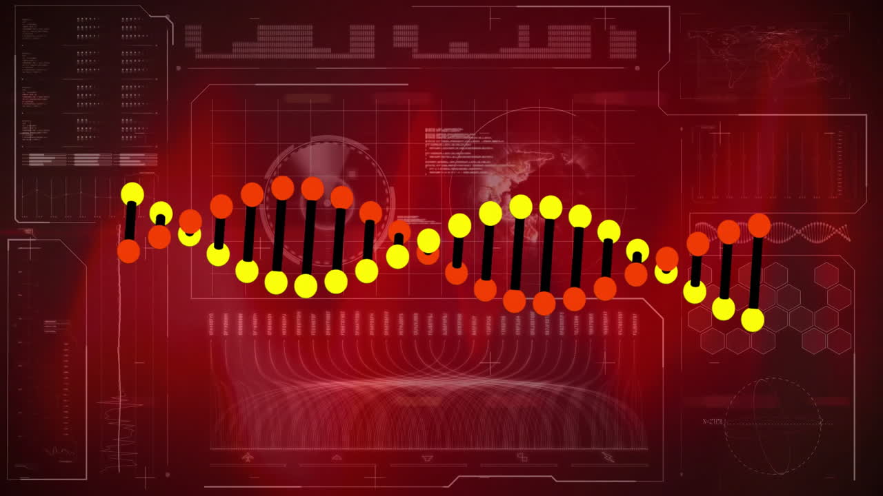 DNA strand with binary coding, processing scientific data in animation sequence