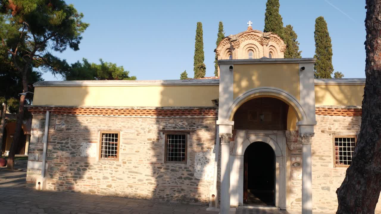 Tilt down shot of the entrance of Vlatadon Monastery, Thessaloniki, Greece