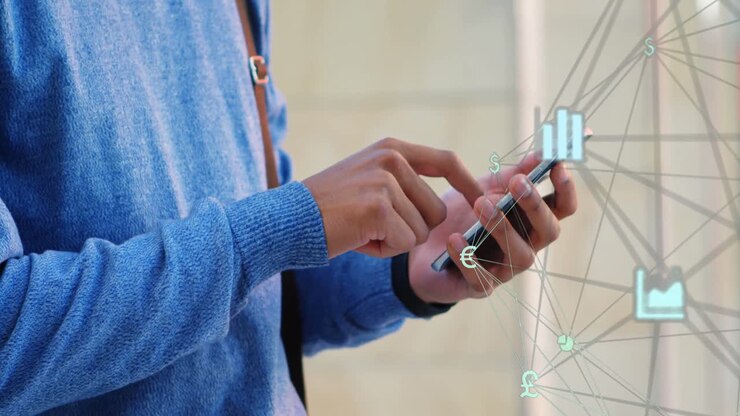 Someone using smartphone with icons Network