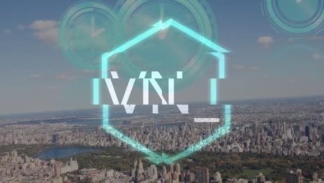 animación de texto nft y relojes móviles sobre el paisaje urbano