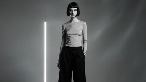 a stylish model posing elegantly with modern lighting in a black and white setting, capturing fashion and minimalism in a timeless composition