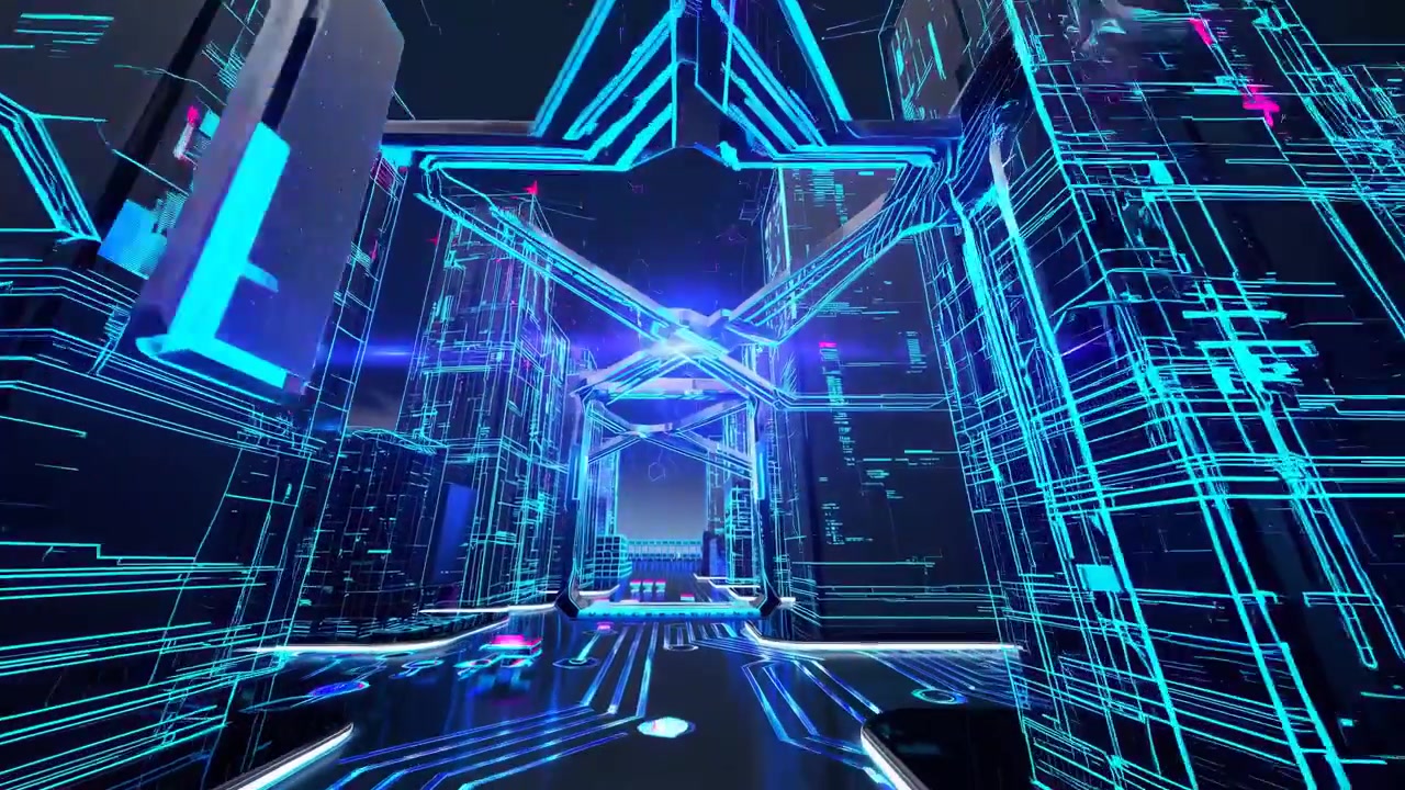 Futuristic Digital Cityscape with Glowing Neon Wireframe Architecture