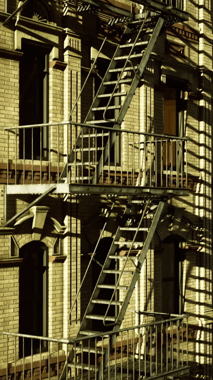 Historic building with fire escape in urban setting during late afternoon