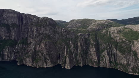 Fixed-aerial-shot-of-the-cliffs-beneath-Preikestolen,-by-Lysefjord-in-Norway