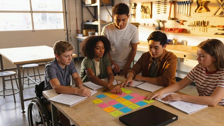 Adolescente in sedia a rotelle che indica a sinistra sollevando un post-it, team che riorganizza la griglia per un progetto in laboratorio