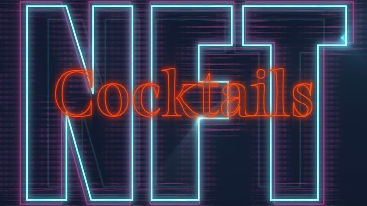 Animazione di un banner di testo cocktail arancione neon su un banner di testo NFT neon su sfondo nero.