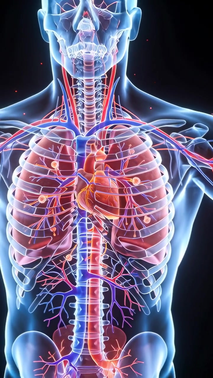 Video verticale: Telecamera che si allontana, rivelando strati anatomici in studio che mostrano cuore, polmoni e vasi.