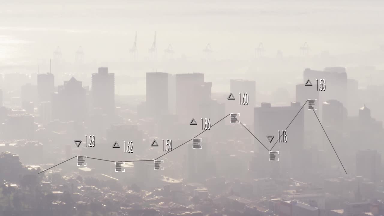 흐린 하늘에 대한 현대적인 도시 풍경 위에 변화하는 숫자와 뷰파인더를 가진 그래프의 애니메이션