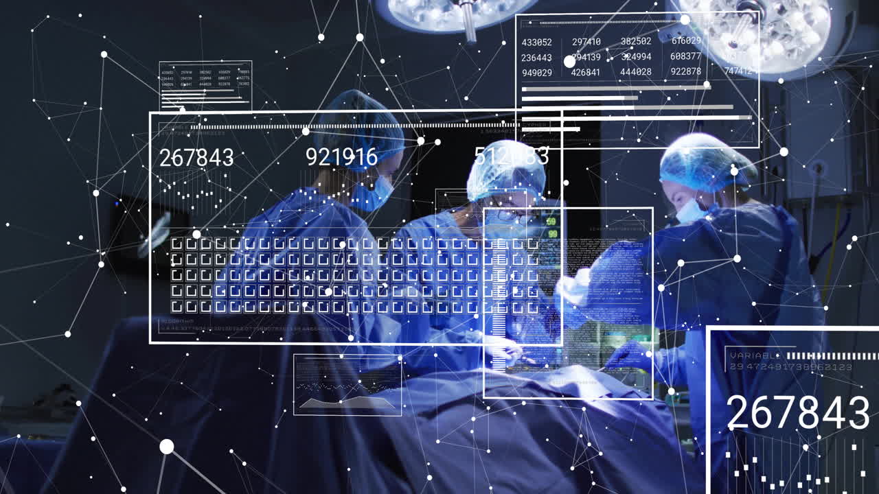 Animation of data processing and diagrams over diverse surgeons in operating room