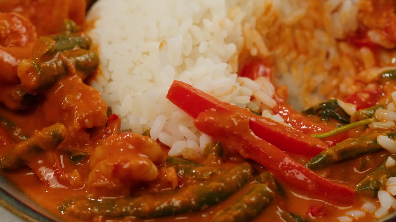 Curry rosso di gamberi al tamarindo, gamberi in salsa di pomodoro e zenzero, cucina asiatica, ristorante cinese.