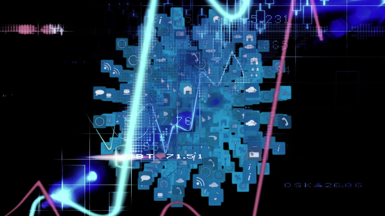 Animation of statistics processing and financial data over globe spinning