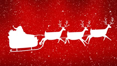 Animation-of-santa-claus-in-sleigh-with-reindeer-over-snow-falling-on-red-background