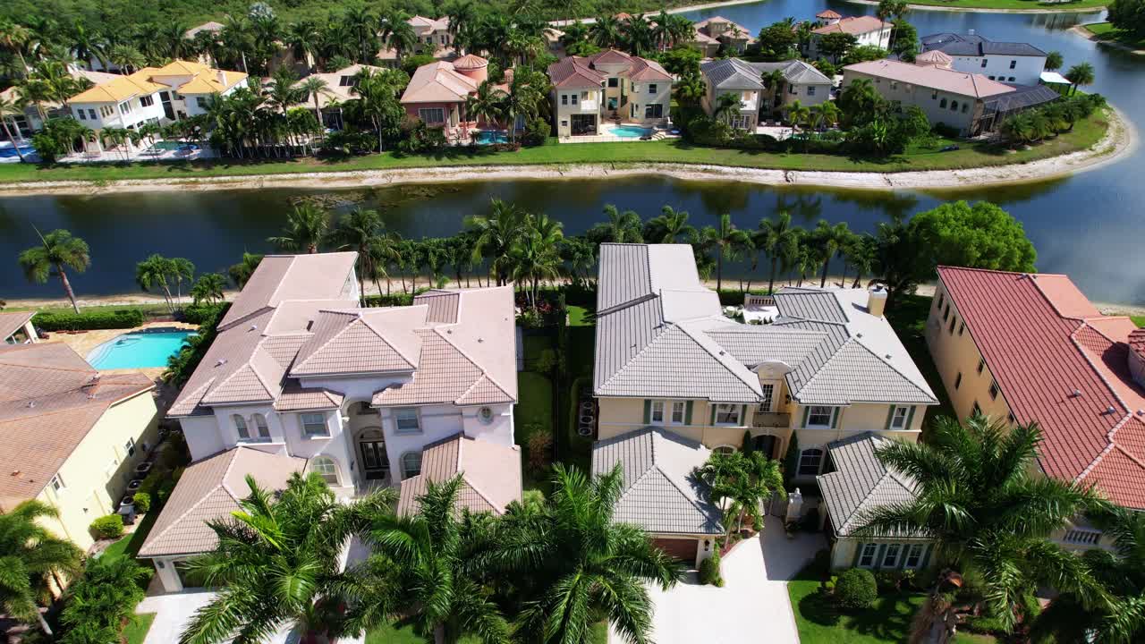 Aerial drone view of West Palm Beach residential area and real estate with lakes during the day in Florida, USA, push in drone shot