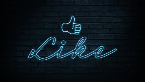 animación de la palabra de estilo neón y un icono del pulgar parpadeando en el fondo de ladrillos negros