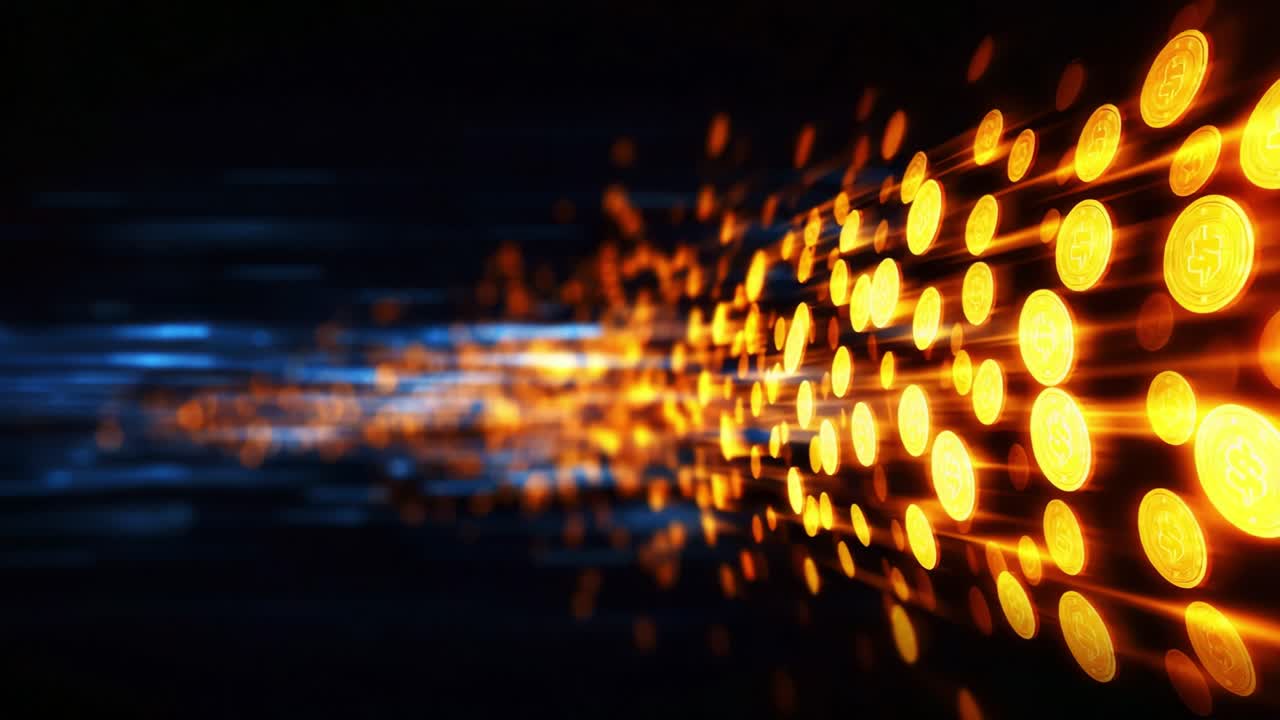 A Dynamic Flow of Radiant Coins: An Artistic Representation of Cryptocurrency in Motion, Showcasing Light Trails and Copper-Hued Elements on a Dark Background